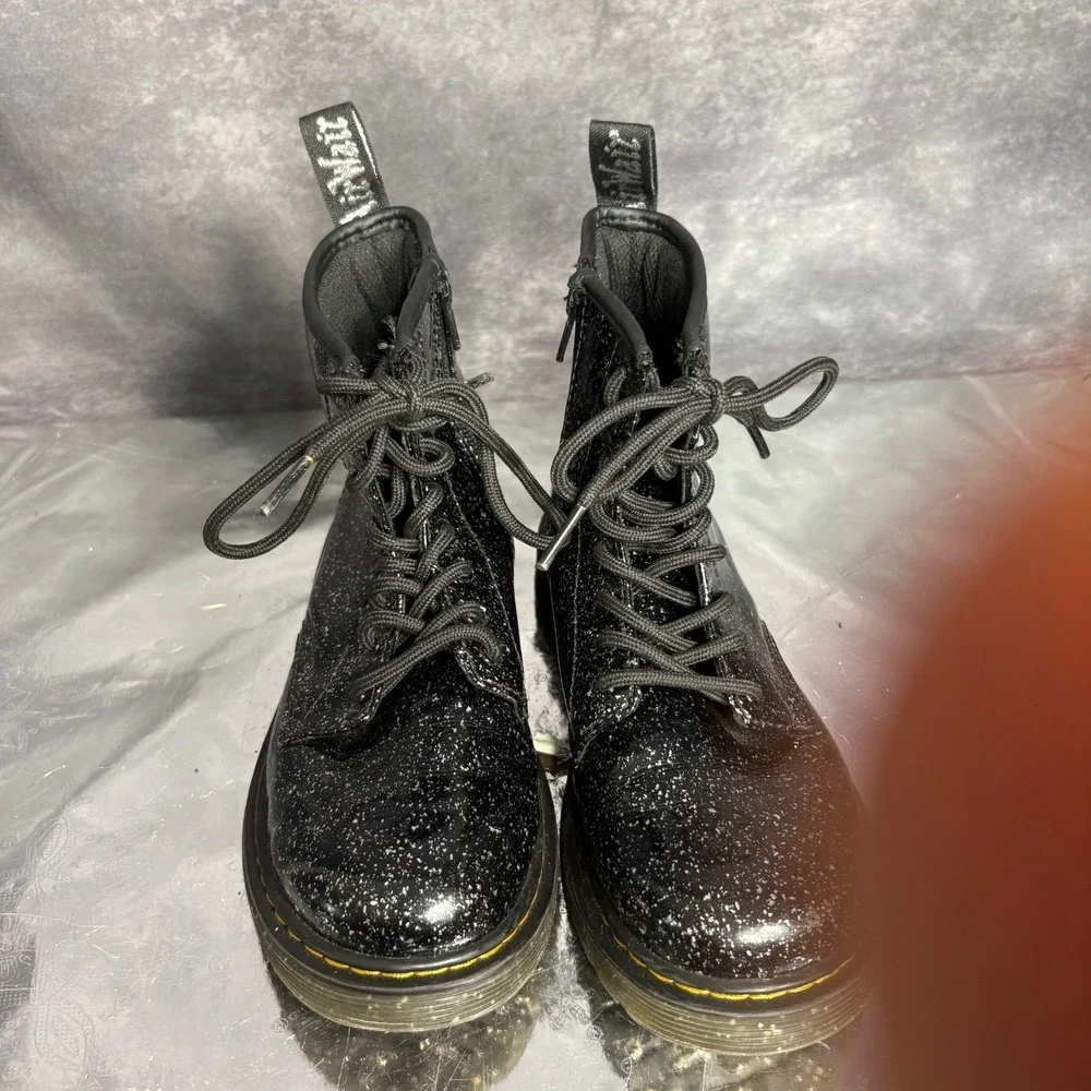 Dr Martens 1460J Girls 3 Black Glitter Leather Lace Up Zip Ankle Combat Boots